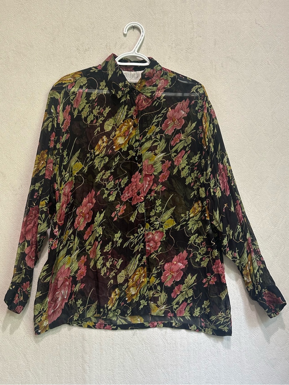 Pier 1 Passports Floral Button-Up Shirt Black Pink & Green Floral Blouse Sz M